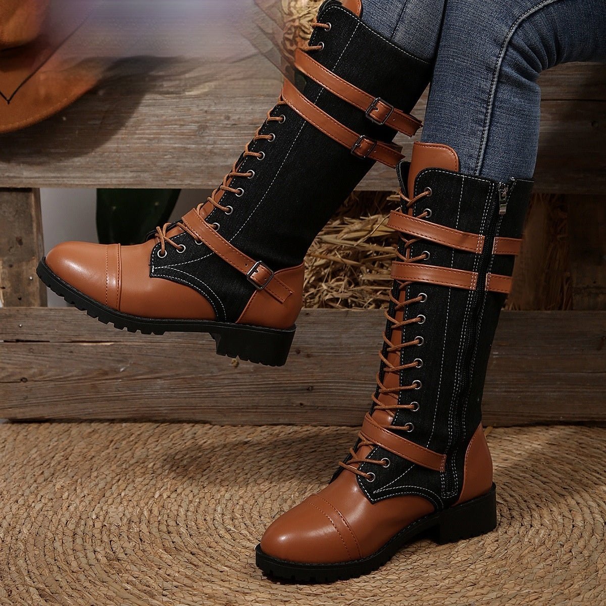 Round Toe Rivet Belt Buckle Square Heel Boots | Luxury Home Accessories | Heulog Glow