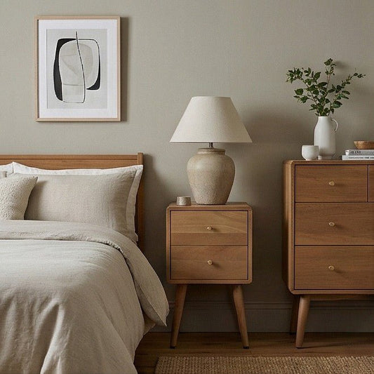 Scandinavian Light Walnut Logan Narrow Bedside Table | Luxury Home Accessories | Heulog Glow