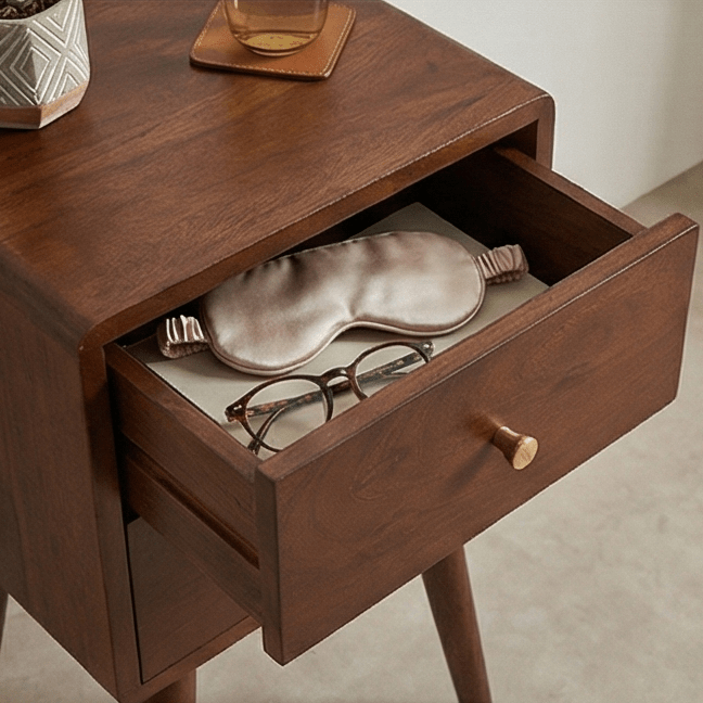 Scandinavian Walnut Logan Narrow Bedside Table | Luxury Home Accessories | Heulog Glow