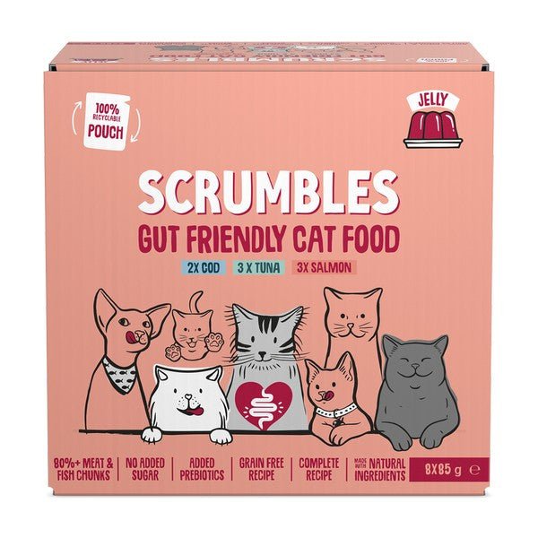 Scrumbles Grain Free Wet Cat Jelly Recyclable Pouch Fish Selection 8x85g | Luxury Home Accessories | Heulog Glow
