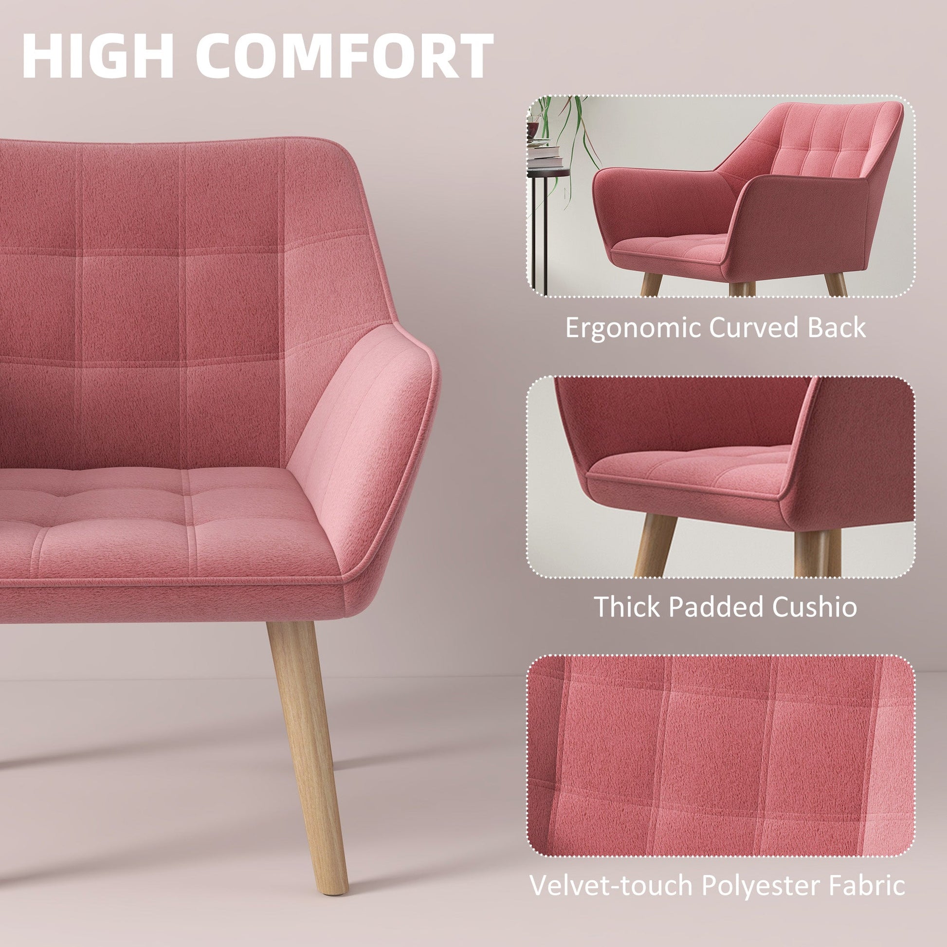 Set of 2 Accent Chair, Arm Chair with Slanted Back, Thick Padding and Rubber Wooden Legs for Living Room, Pink | Luxury Home Accessories | Heulog Glow