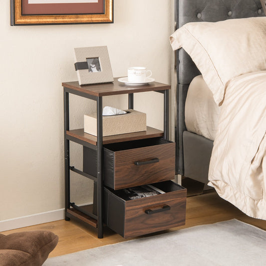 Retro Nightstand Set of 2 Metal Frame Bedside Table-Walnut-Set of 2