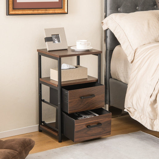 Retro Nightstand Set of 2 Metal Frame Bedside Table-Walnut-Set of 2
