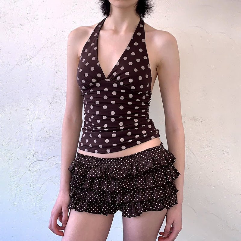 Sexy Black Polka-Dot Printed All-Match Backless V-Neck Halter Neck Bodycon Tank Top | Luxury Home Accessories | Heulog Glow