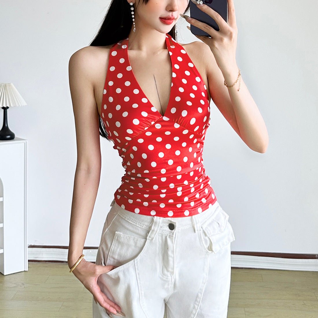 Sexy Black Polka-Dot Printed All-Match Backless V-Neck Halter Neck Bodycon Tank Top | Luxury Home Accessories | Heulog Glow