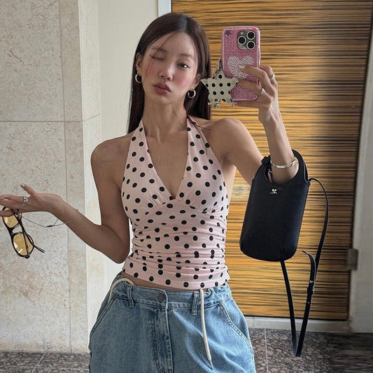 Sexy Black Polka-Dot Printed All-Match Backless V-Neck Halter Neck Bodycon Tank Top | Luxury Home Accessories | Heulog Glow