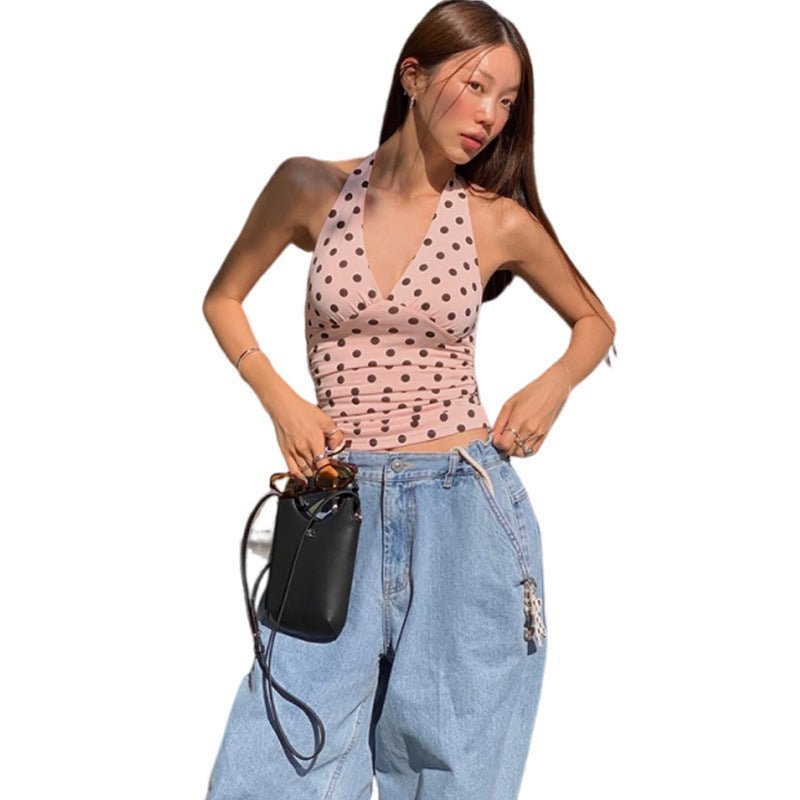 Sexy Black Polka-Dot Printed All-Match Backless V-Neck Halter Neck Bodycon Tank Top | Luxury Home Accessories | Heulog Glow