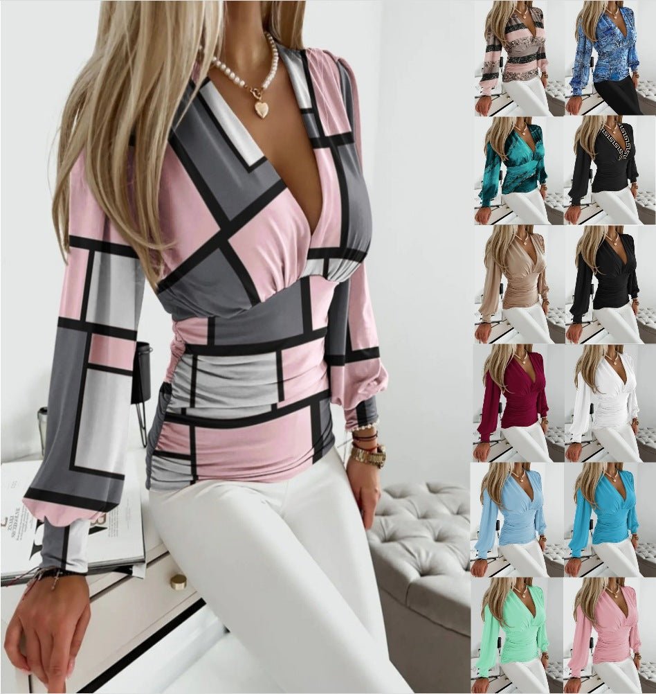Sexy Geometric Print Shirt Fashion V-neck Long-sleeved Tops Women's Clothing | Luxury Home Accessories | Heulog Glow
