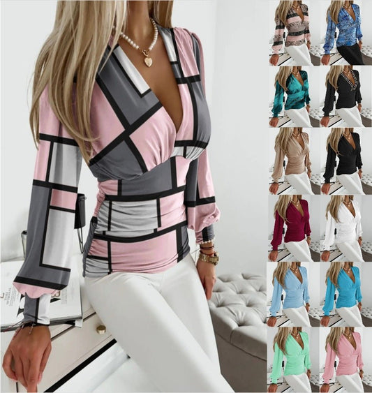 Sexy Geometric Print Shirt Fashion V-neck Long-sleeved Tops Women's Clothing | Luxury Home Accessories | Heulog Glow