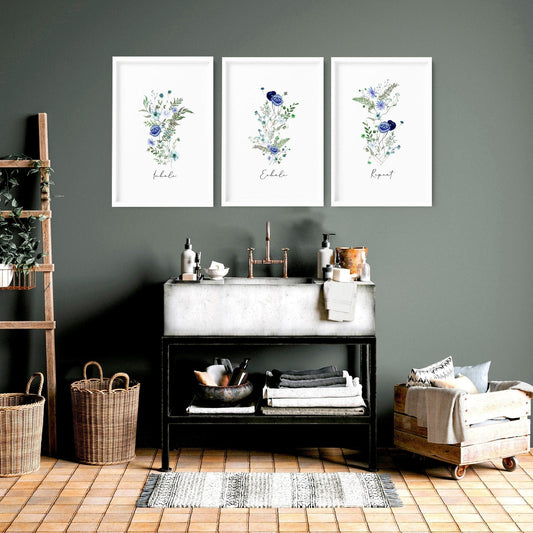 Bathroom art decor | set of 3 Shabby Chic Floral wall art