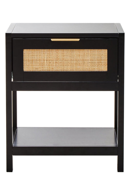 Sherman Black Wood and Natural Rattan One Drawer Bedside Table | Luxury Home Accessories | Heulog Glow
