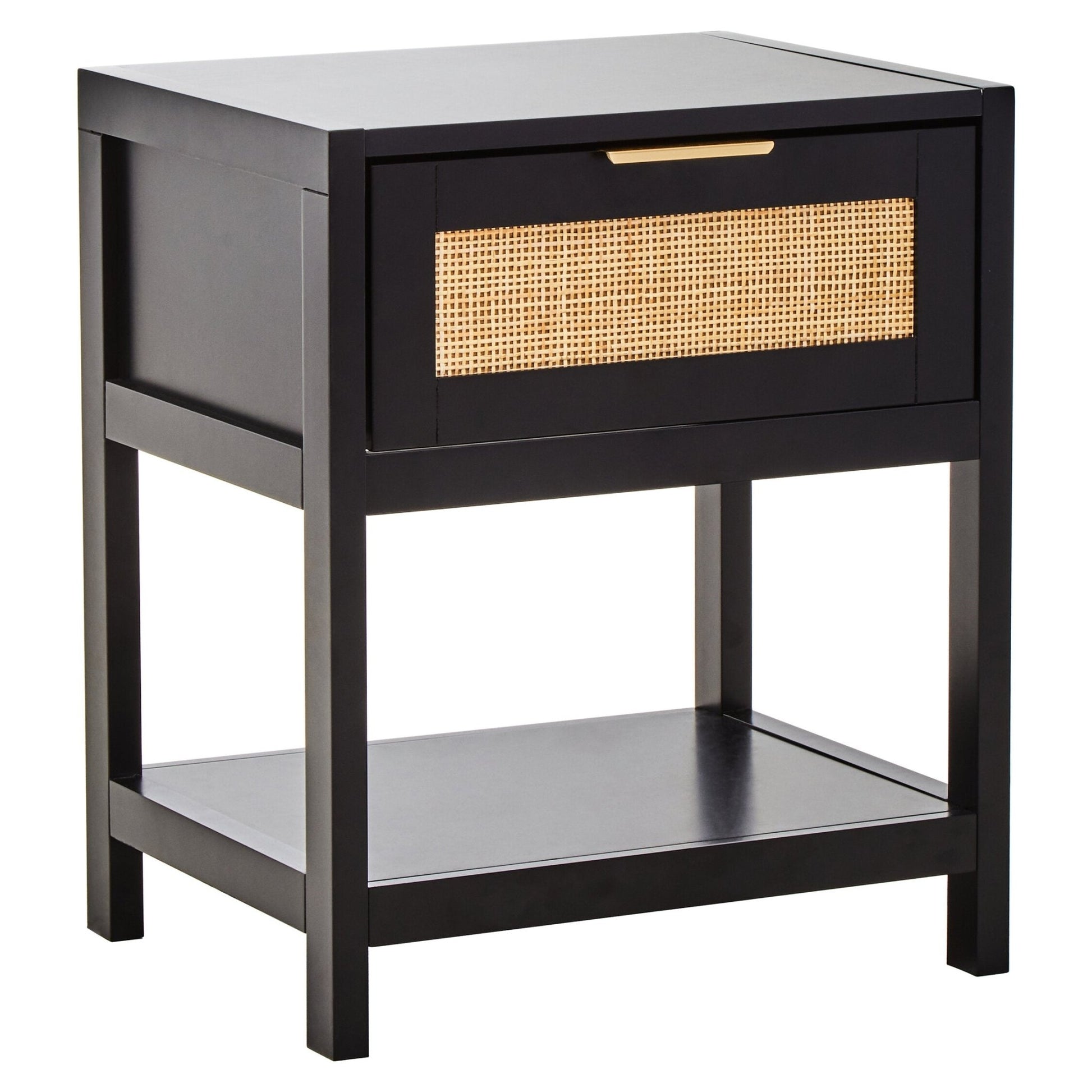 Sherman Black Wood and Natural Rattan One Drawer Bedside Table | Luxury Home Accessories | Heulog Glow