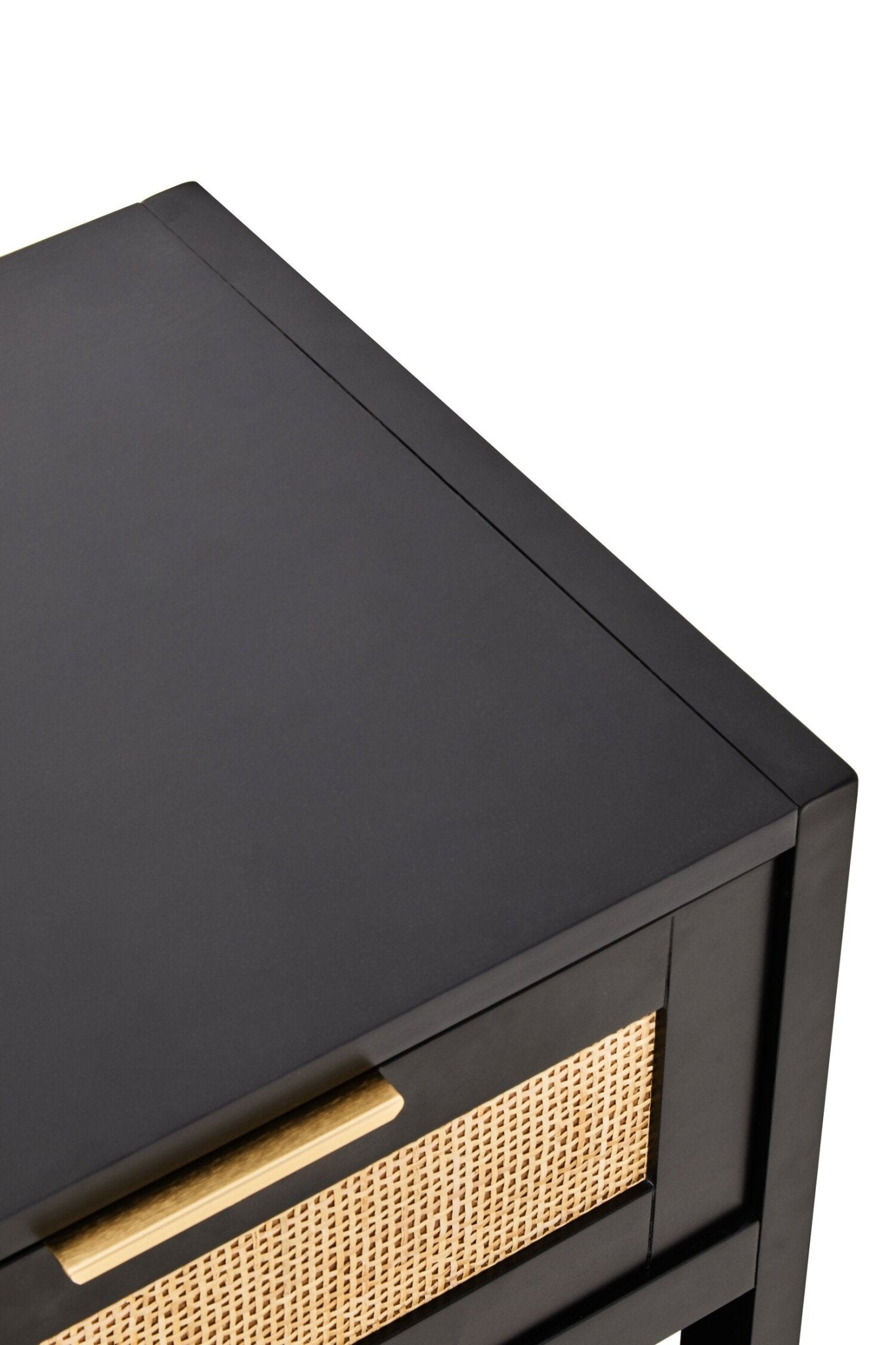 Sherman Black Wood and Natural Rattan One Drawer Bedside Table | Luxury Home Accessories | Heulog Glow