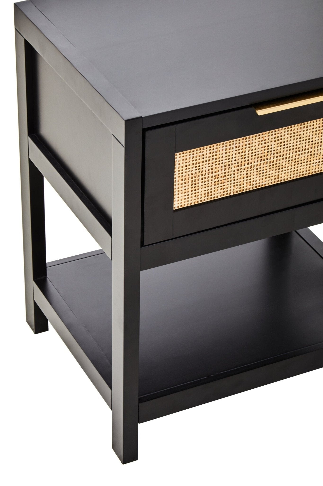 Sherman Black Wood and Natural Rattan One Drawer Bedside Table | Luxury Home Accessories | Heulog Glow