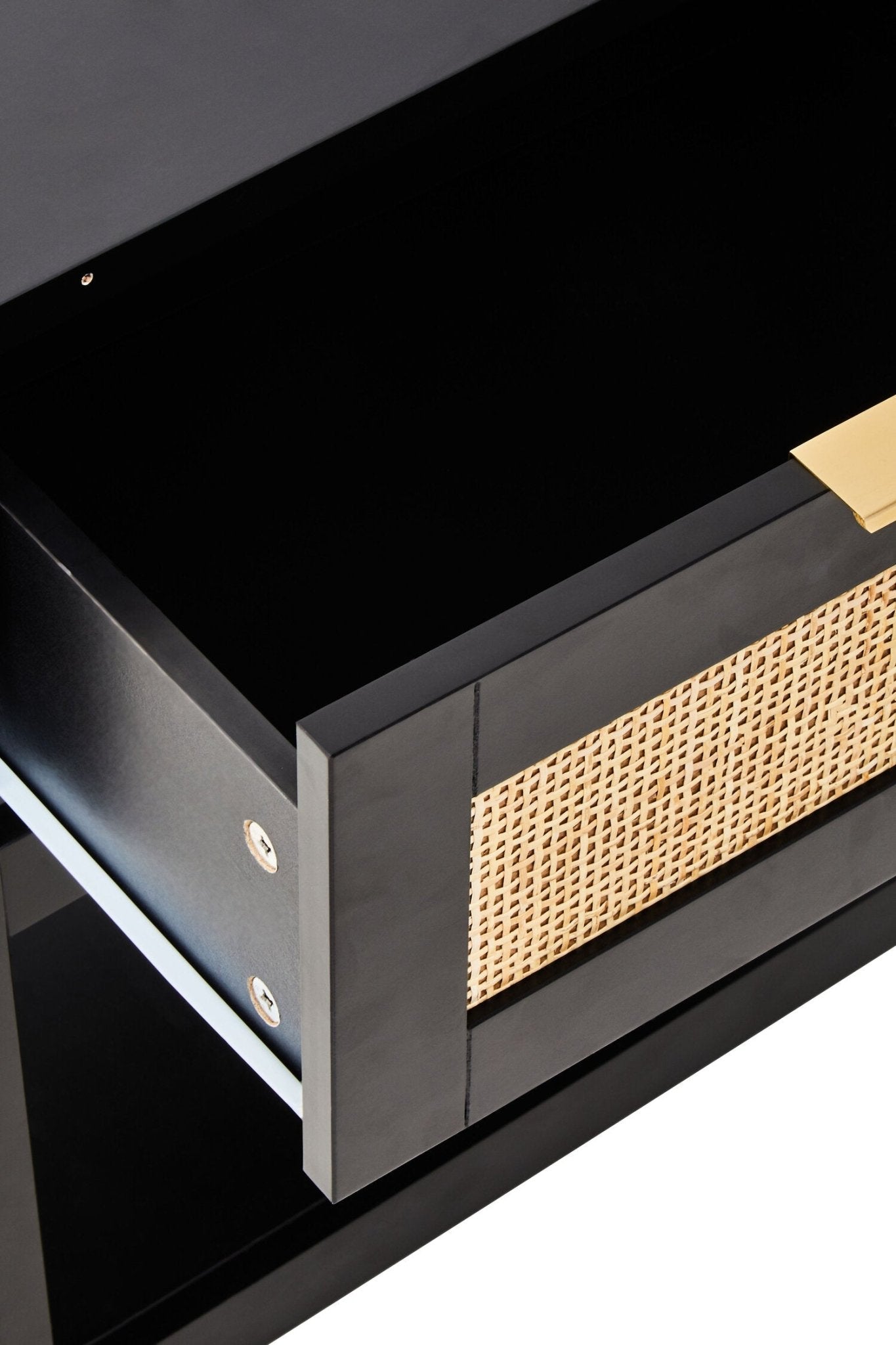 Sherman Black Wood and Natural Rattan One Drawer Bedside Table | Luxury Home Accessories | Heulog Glow