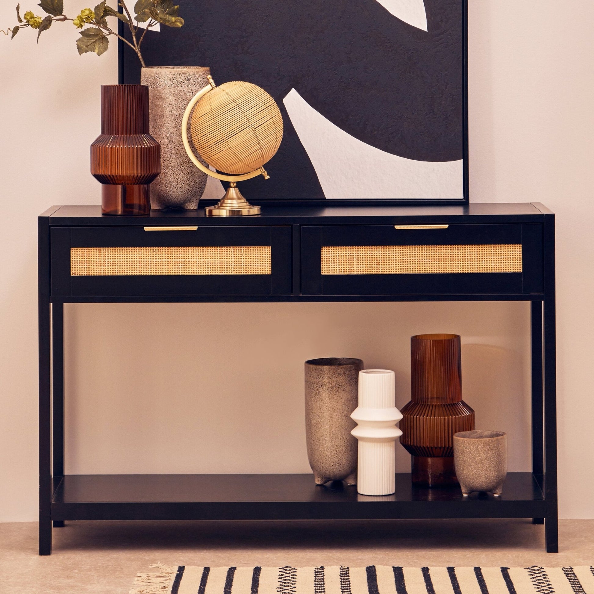 Sherman Black Wood and Rattan Two Drawer Console Table | Luxury Home Accessories | Heulog Glow