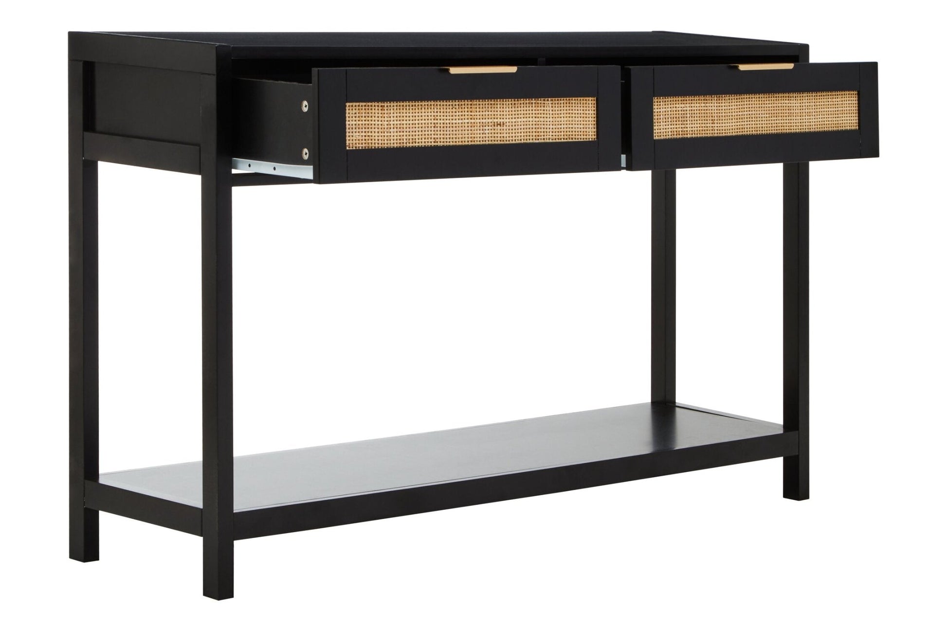 Sherman Black Wood and Rattan Two Drawer Console Table | Luxury Home Accessories | Heulog Glow