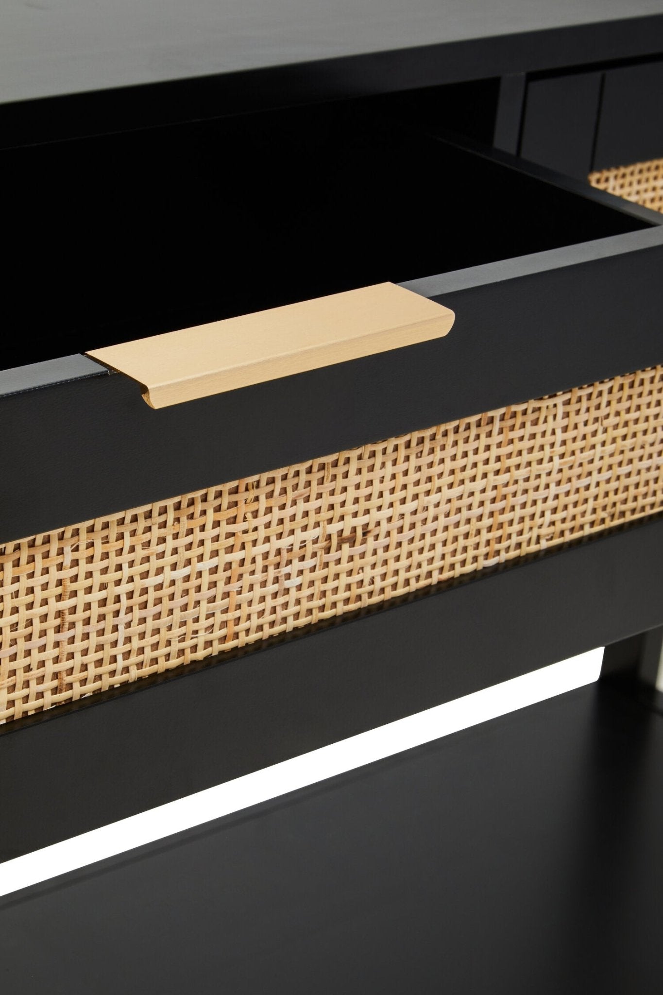Sherman Black Wood and Rattan Two Drawer Console Table | Luxury Home Accessories | Heulog Glow