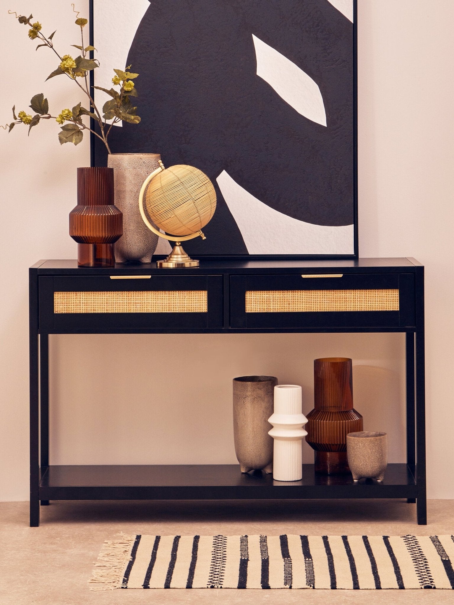 Sherman Black Wood and Rattan Two Drawer Console Table | Luxury Home Accessories | Heulog Glow