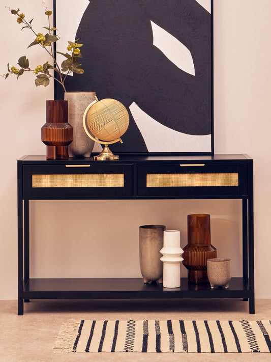 Sherman Black Wood and Rattan Two Drawer Console Table | Luxury Home Accessories | Heulog Glow