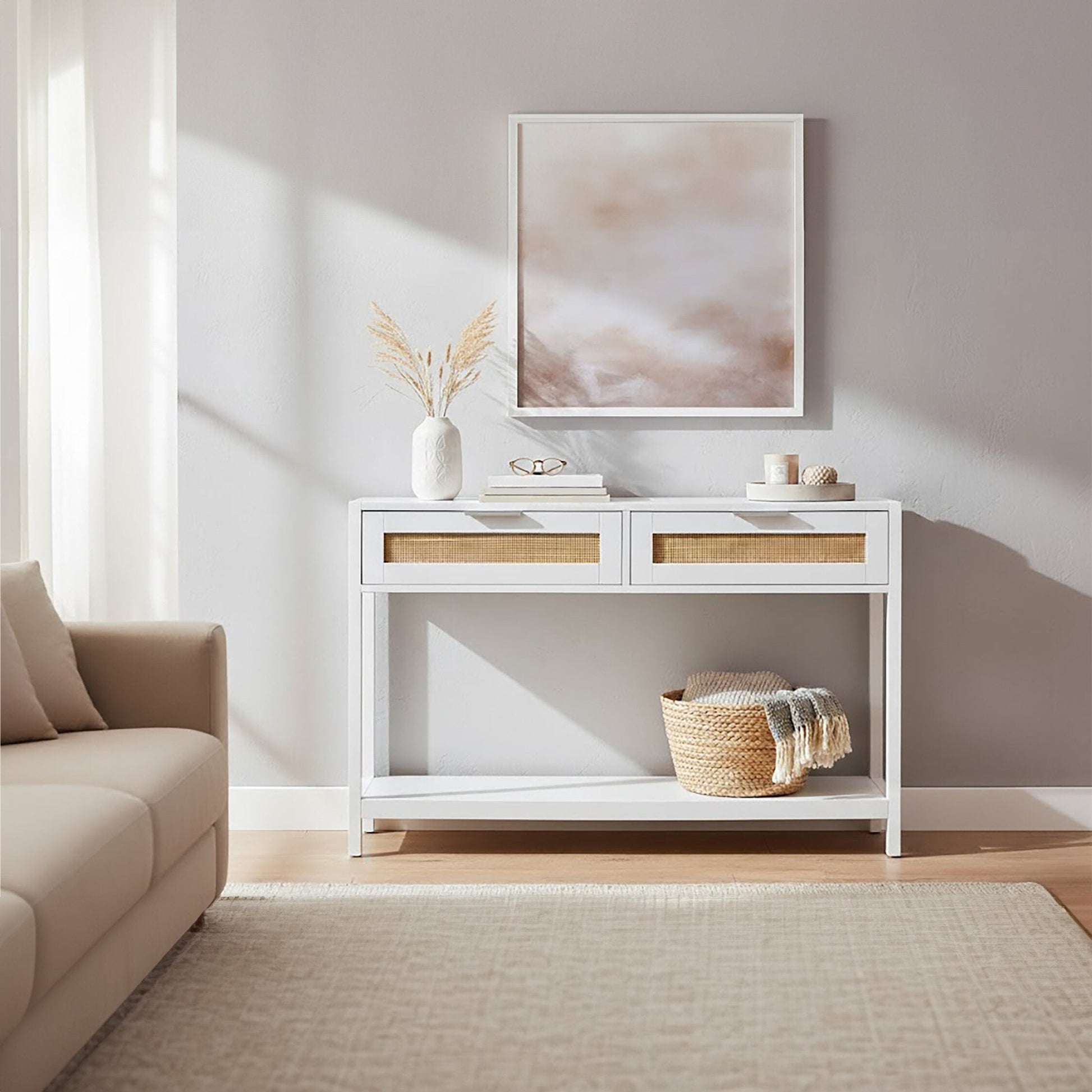 Sherman White Wood and Rattan Two Drawer Console Table | Luxury Home Accessories | Heulog Glow