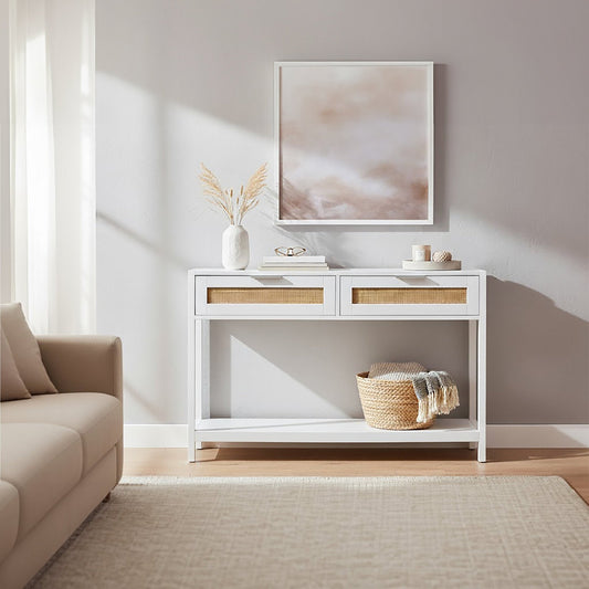 Sherman White Wood and Rattan Two Drawer Console Table | Luxury Home Accessories | Heulog Glow