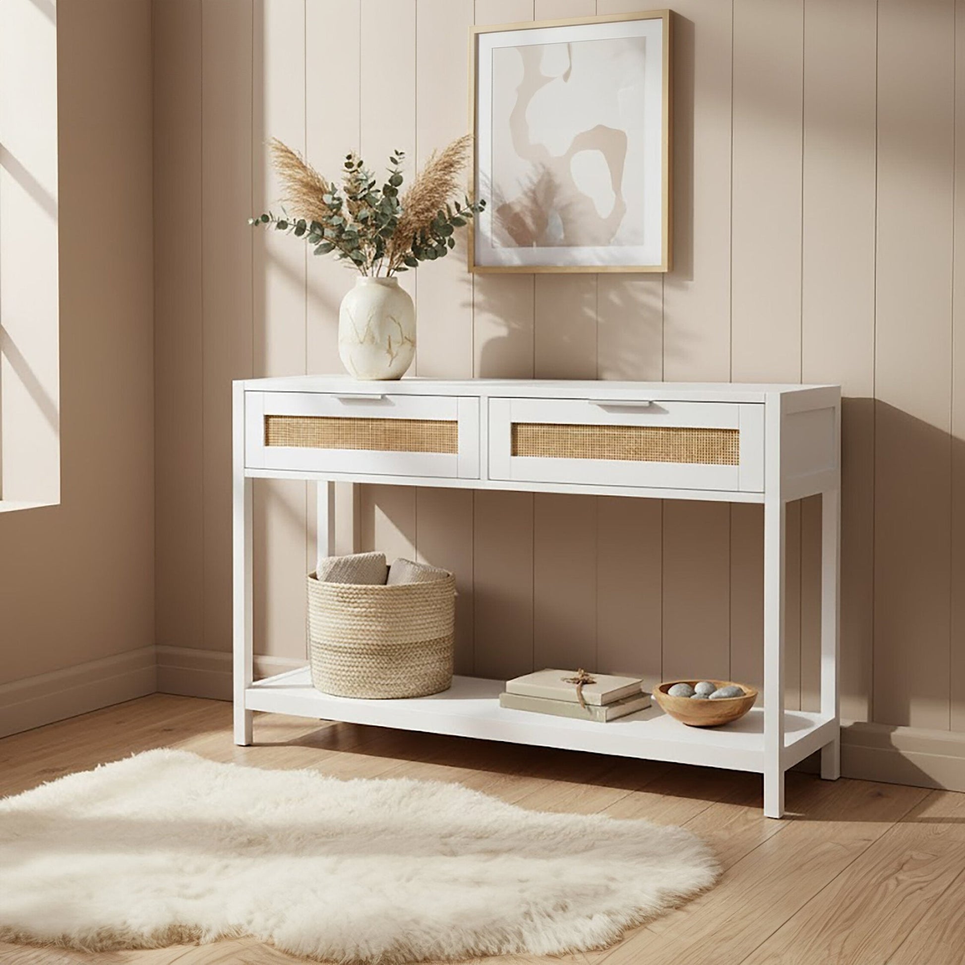 Sherman White Wood and Rattan Two Drawer Console Table | Luxury Home Accessories | Heulog Glow