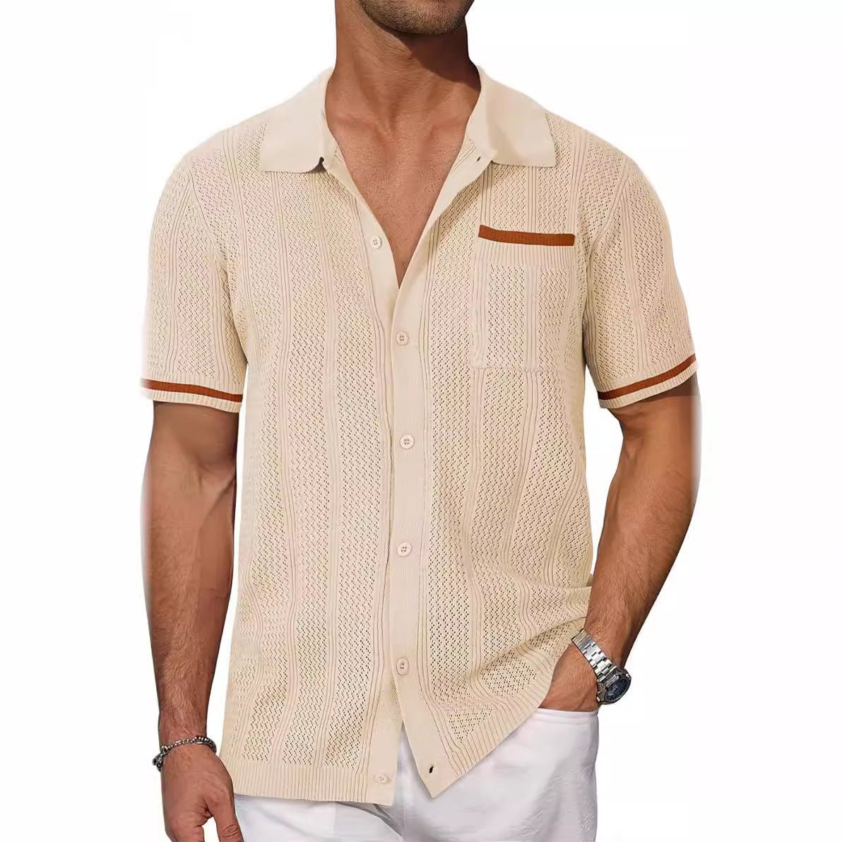 Short-sleeved Shirt Pocket Hollow Breathable Cool Summer Men's Casual Jacket Cardigan | Luxury Home Accessories | Heulog Glow