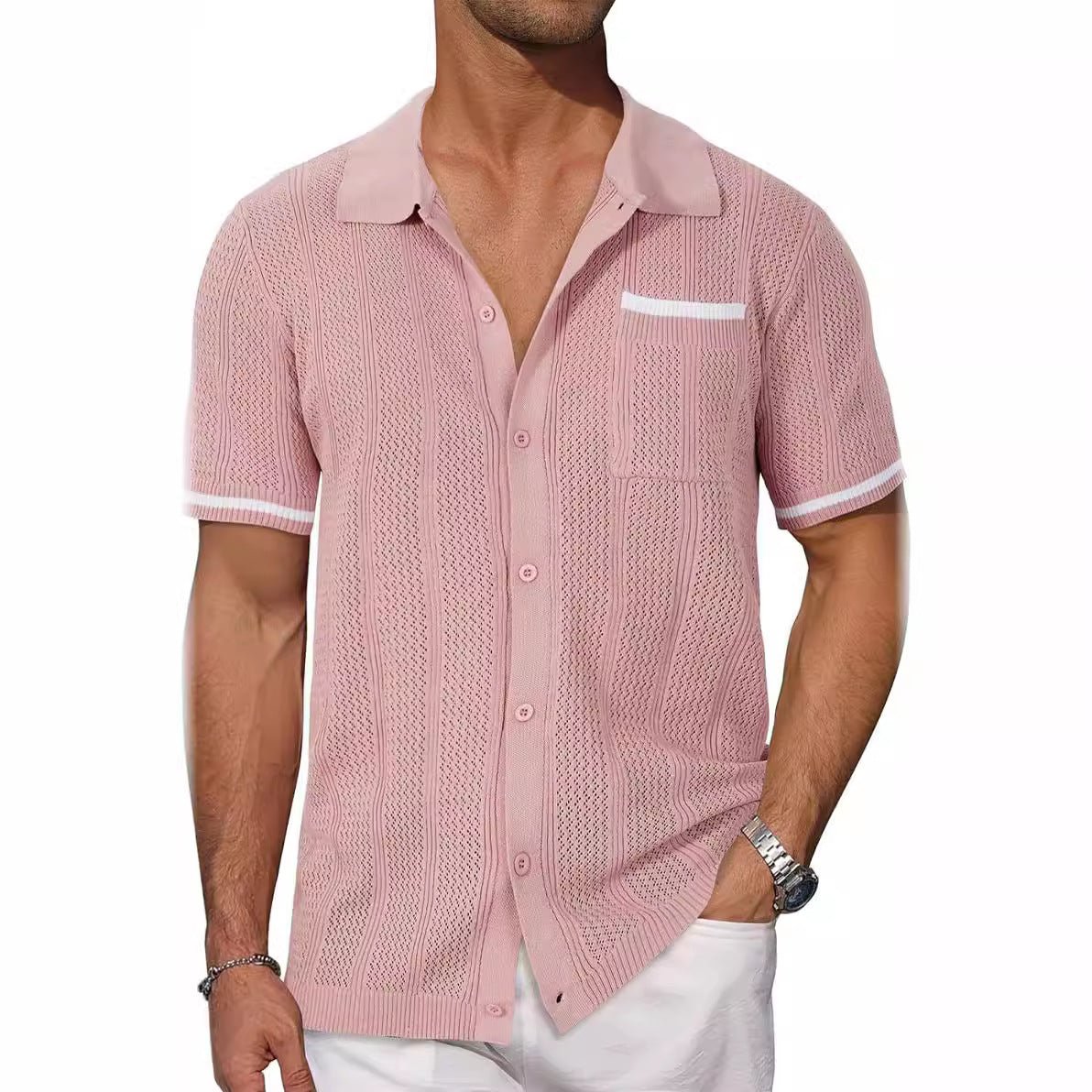 Short-sleeved Shirt Pocket Hollow Breathable Cool Summer Men's Casual Jacket Cardigan | Luxury Home Accessories | Heulog Glow