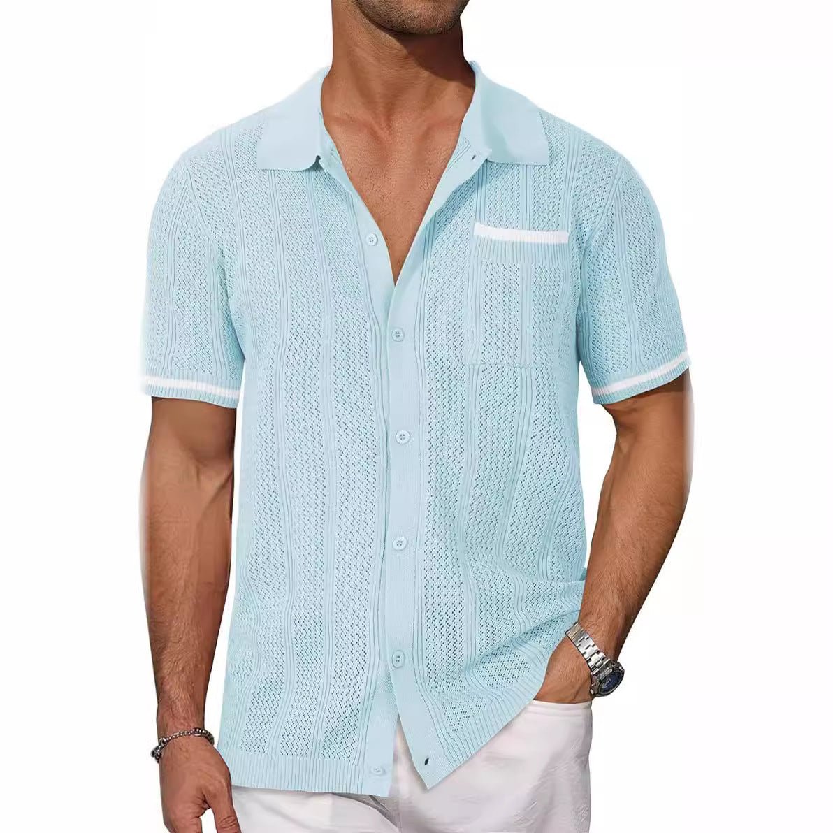 Short-sleeved Shirt Pocket Hollow Breathable Cool Summer Men's Casual Jacket Cardigan | Luxury Home Accessories | Heulog Glow
