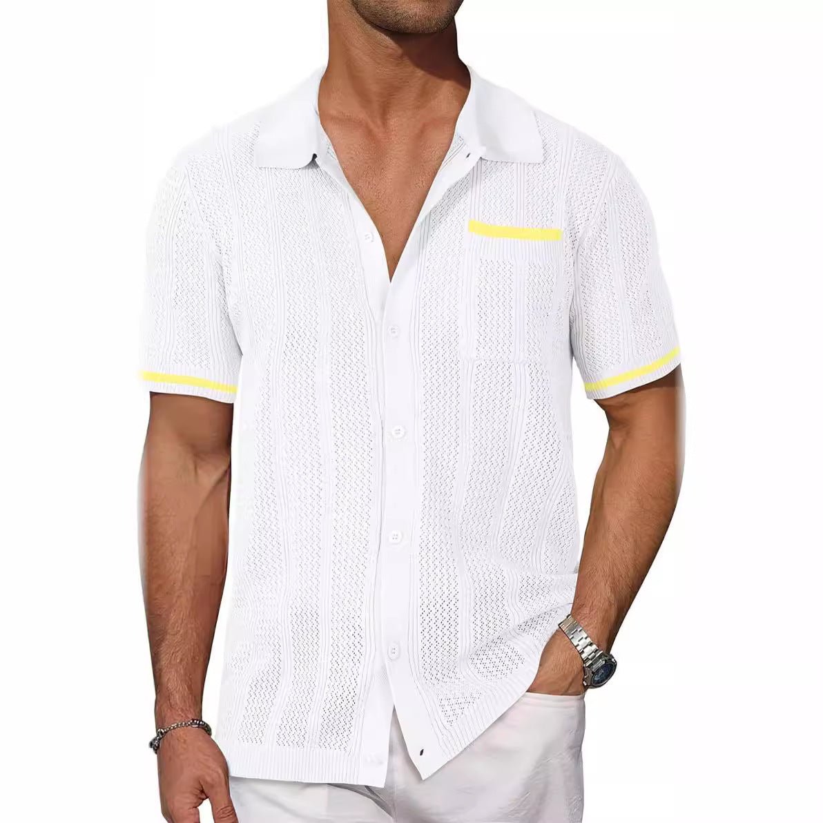 Short-sleeved Shirt Pocket Hollow Breathable Cool Summer Men's Casual Jacket Cardigan | Luxury Home Accessories | Heulog Glow