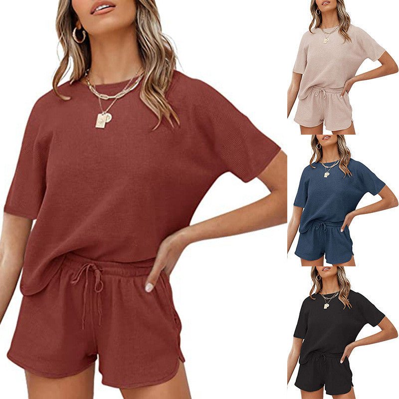 Short-sleeved Two-piece Threaded Sports Round Neck Casual Home Wear | Luxury Home Accessories | Heulog Glow