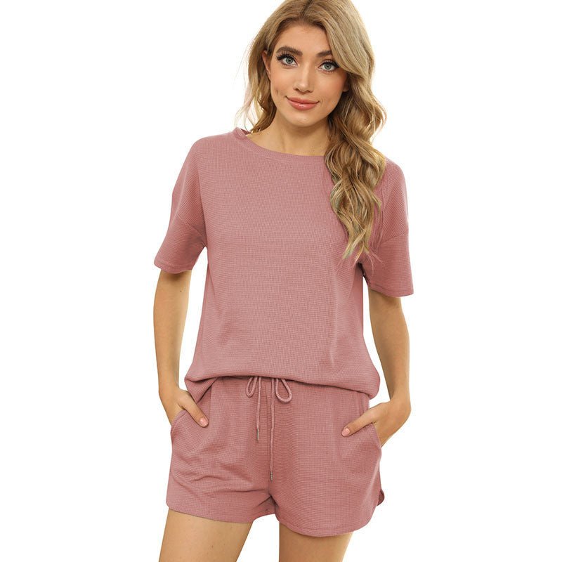 Short-sleeved Two-piece Threaded Sports Round Neck Casual Home Wear | Luxury Home Accessories | Heulog Glow