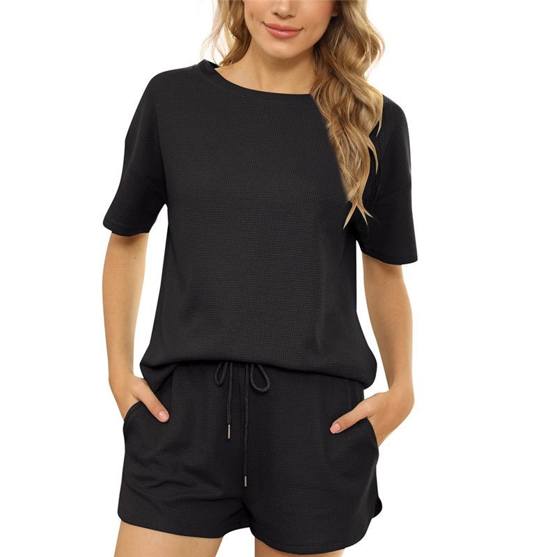 Short-sleeved Two-piece Threaded Sports Round Neck Casual Home Wear | Luxury Home Accessories | Heulog Glow