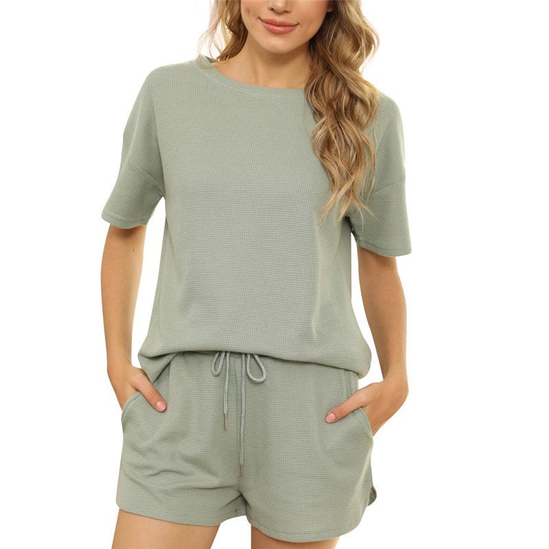 Short-sleeved Two-piece Threaded Sports Round Neck Casual Home Wear | Luxury Home Accessories | Heulog Glow