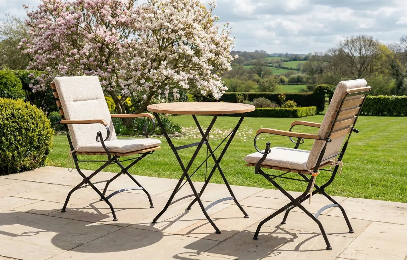 Sicily 2 Seater Teak and Wrought Iron Round 70cm Garden Dining Set | Luxury Home Accessories | Heulog Glow