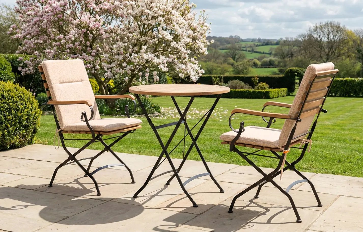 Sicily 2 Seater Teak and Wrought Iron Round 70cm Garden Dining Set | Luxury Home Accessories | Heulog Glow
