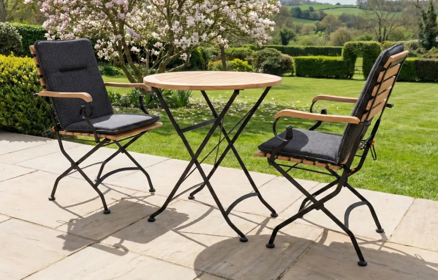 Sicily 2 Seater Teak and Wrought Iron Round 70cm Garden Dining Set | Luxury Home Accessories | Heulog Glow