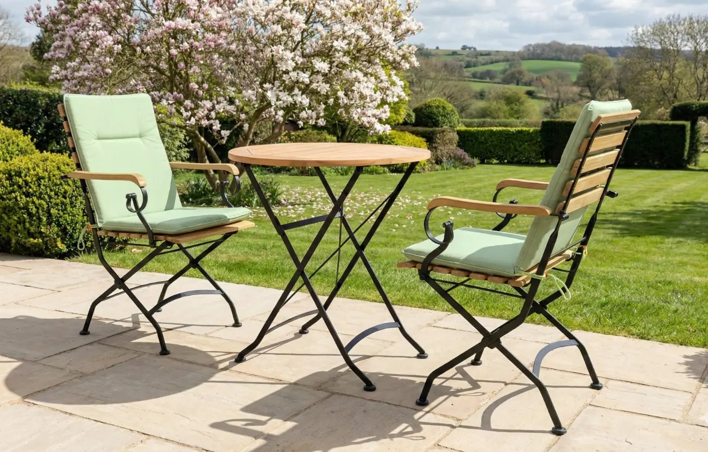 Sicily 2 Seater Teak and Wrought Iron Round 70cm Garden Dining Set | Luxury Home Accessories | Heulog Glow