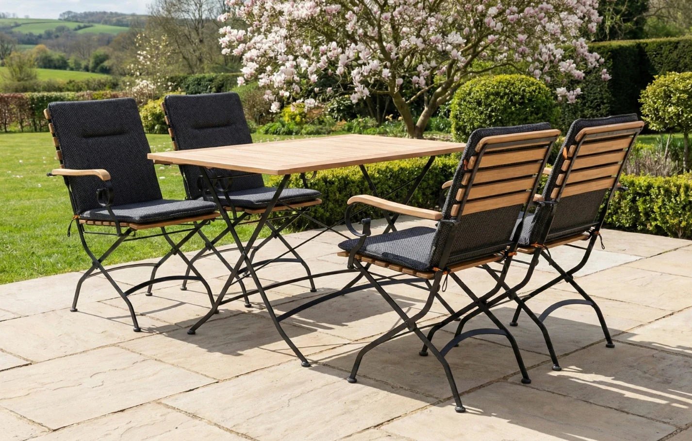 Sicily 4 Seater Teak and Wrought Iron Rectangular 120cm Garden Dining Set | Luxury Home Accessories | Heulog Glow