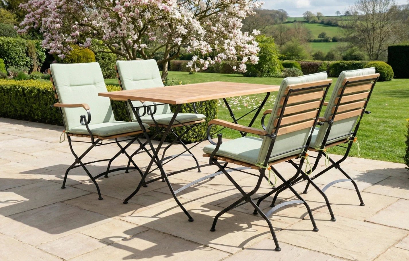 Sicily 4 Seater Teak and Wrought Iron Rectangular 120cm Garden Dining Set | Luxury Home Accessories | Heulog Glow