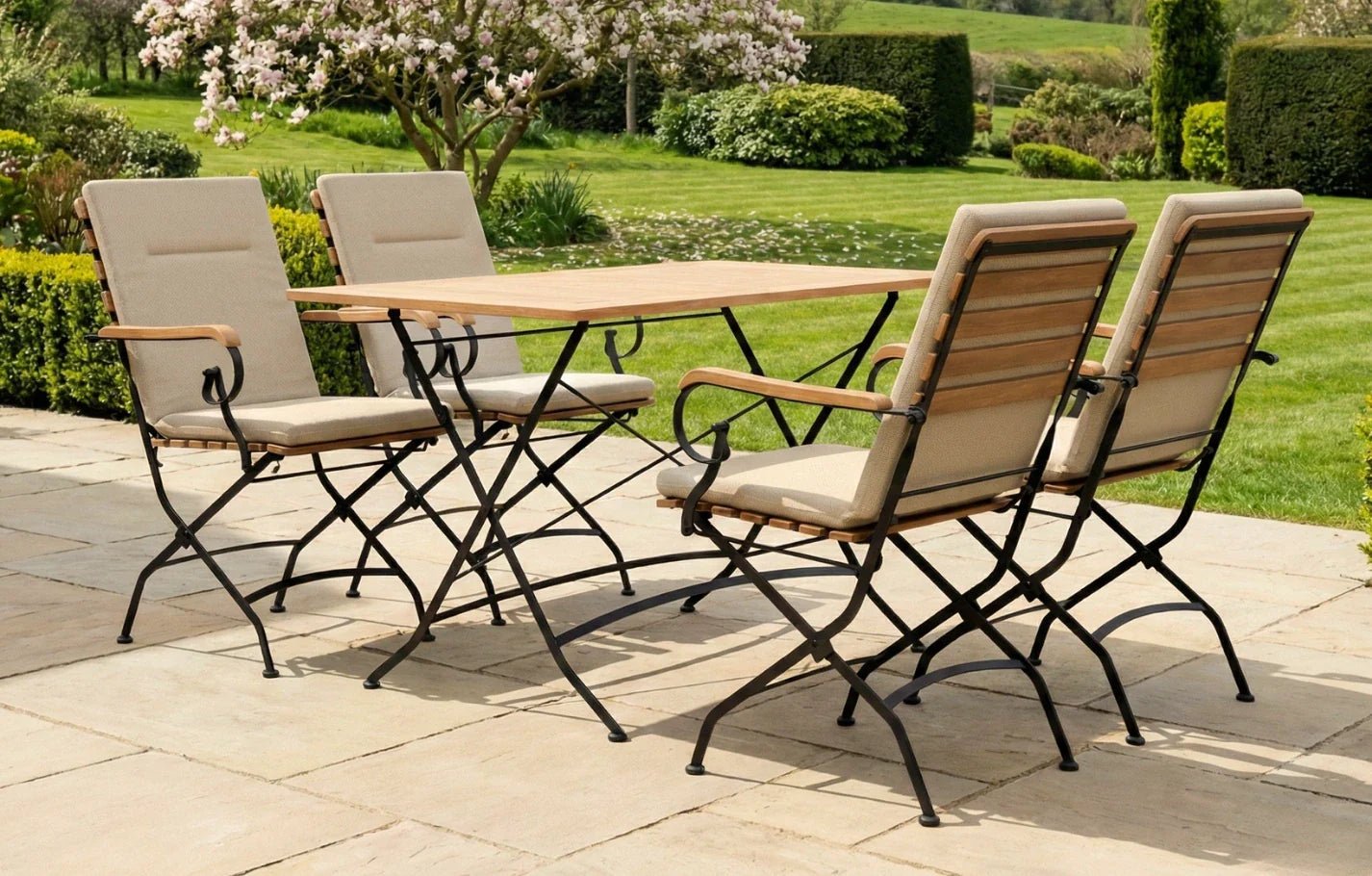 Sicily 4 Seater Teak and Wrought Iron Rectangular 120cm Garden Dining Set | Luxury Home Accessories | Heulog Glow