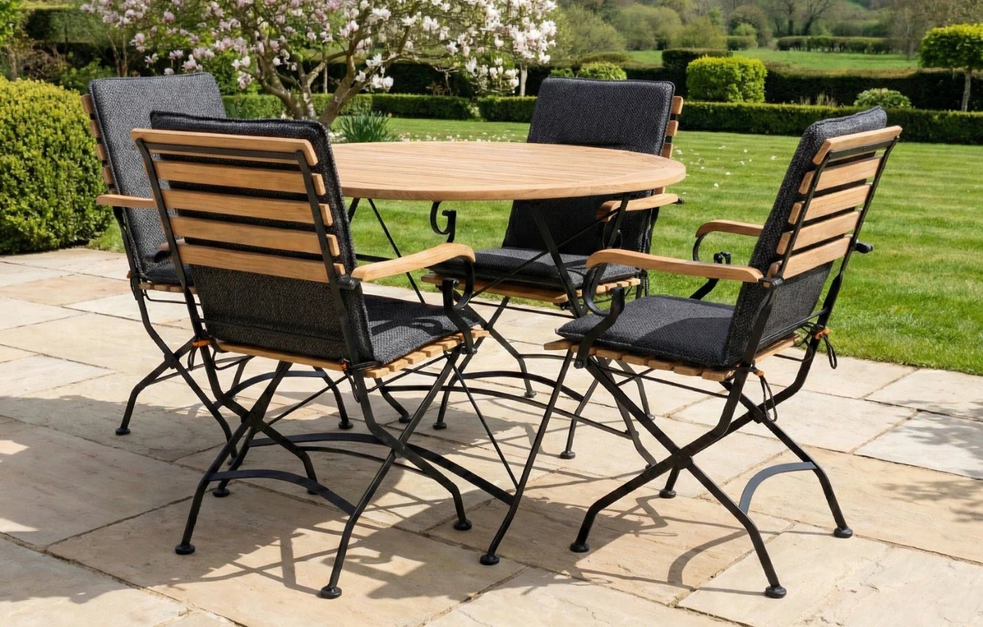 Sicily 4 Seater Teak and Wrought Iron Round 110cm Garden Dining Set | Luxury Home Accessories | Heulog Glow