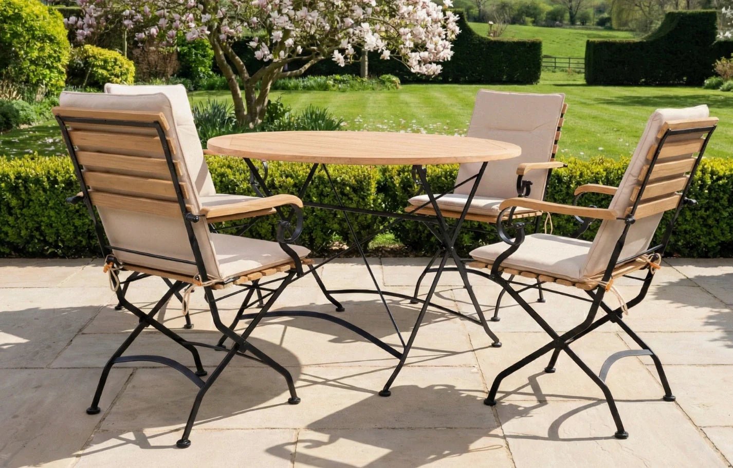 Sicily 4 Seater Teak and Wrought Iron Round 110cm Garden Dining Set | Luxury Home Accessories | Heulog Glow