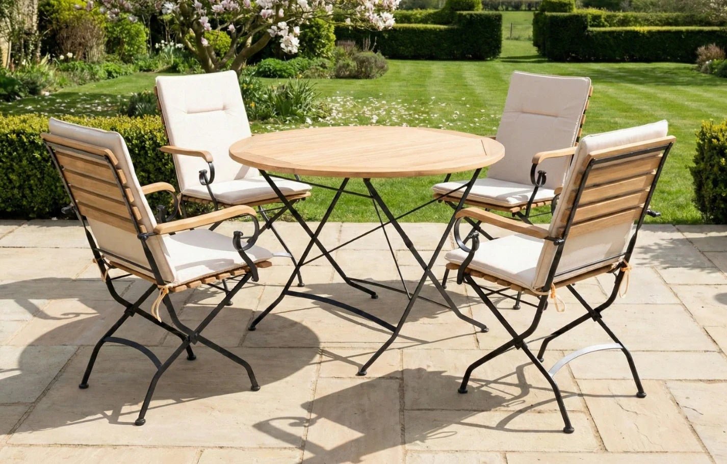 Sicily 4 Seater Teak and Wrought Iron Round 110cm Garden Dining Set | Luxury Home Accessories | Heulog Glow