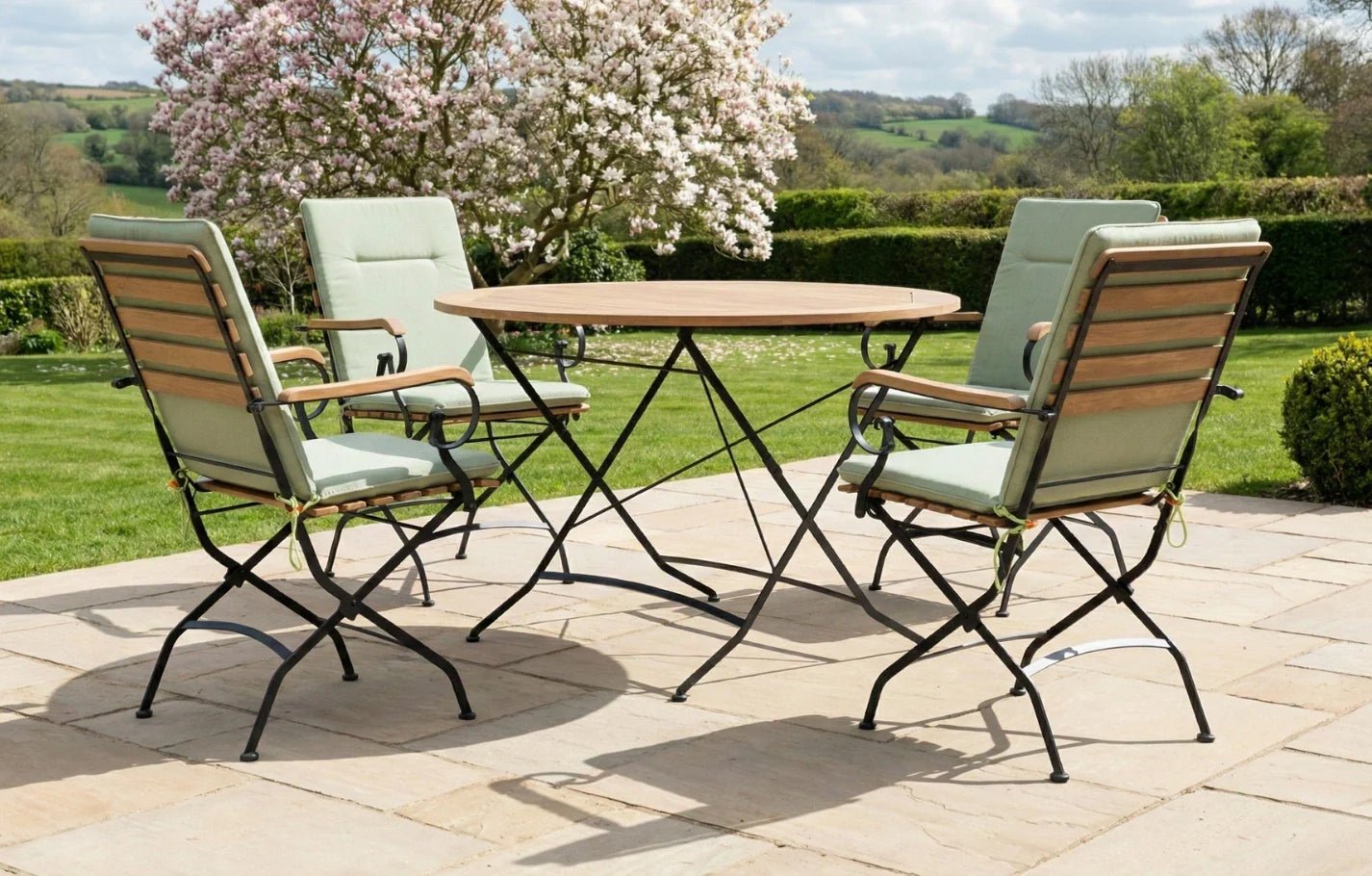Sicily 4 Seater Teak and Wrought Iron Round 110cm Garden Dining Set | Luxury Home Accessories | Heulog Glow
