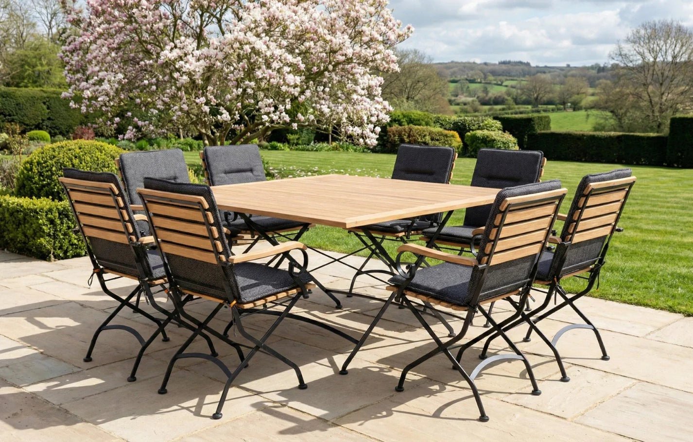 Sicily 8 Seater Teak and Wrought Iron Square 140cm Garden Dining Set | Luxury Home Accessories | Heulog Glow