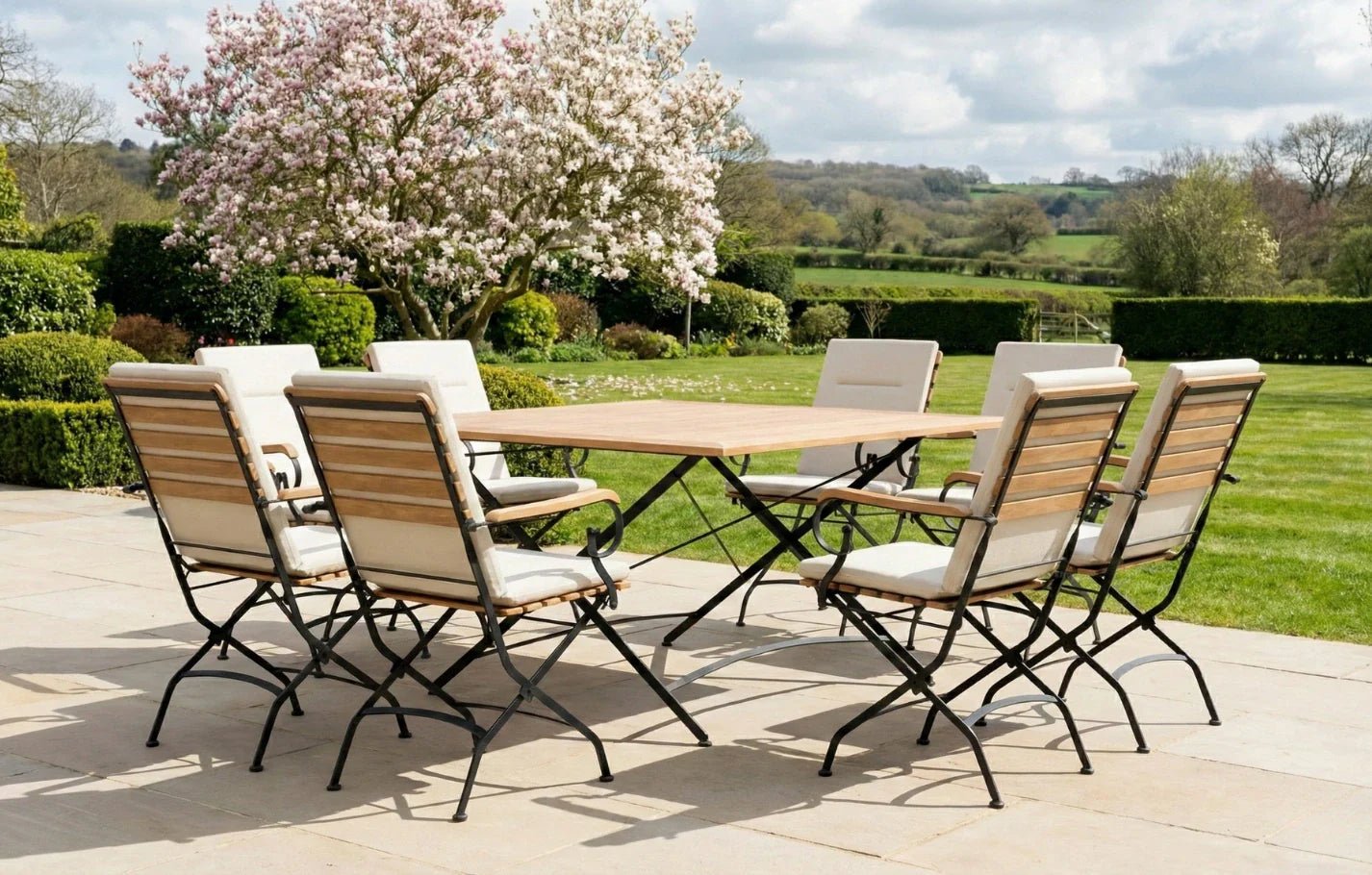 Sicily 8 Seater Teak and Wrought Iron Square 140cm Garden Dining Set | Luxury Home Accessories | Heulog Glow