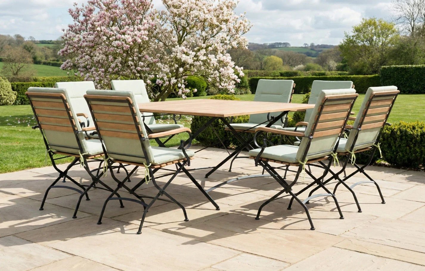 Sicily 8 Seater Teak and Wrought Iron Square 140cm Garden Dining Set | Luxury Home Accessories | Heulog Glow