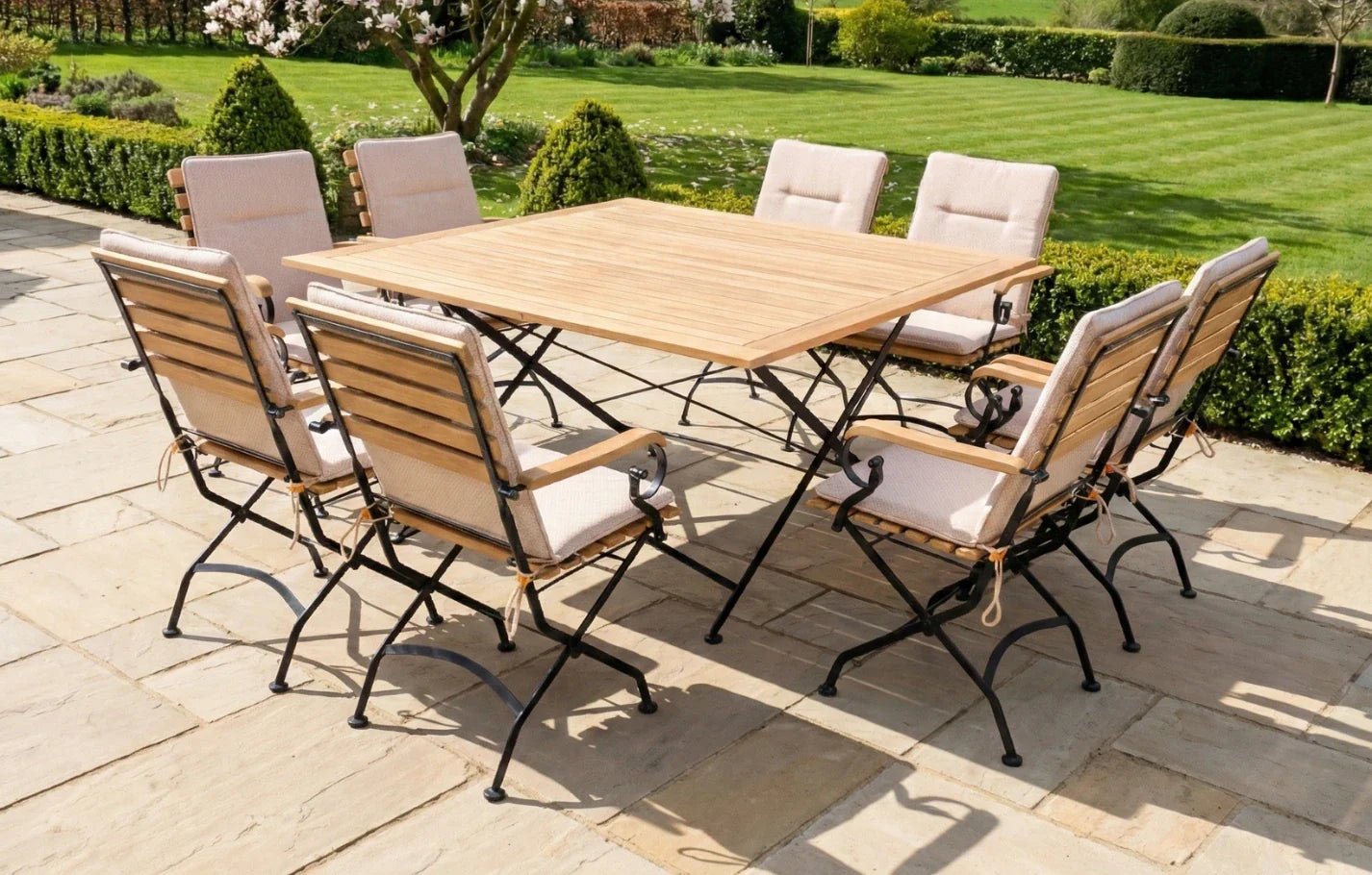 Sicily 8 Seater Teak and Wrought Iron Square 140cm Garden Dining Set | Luxury Home Accessories | Heulog Glow